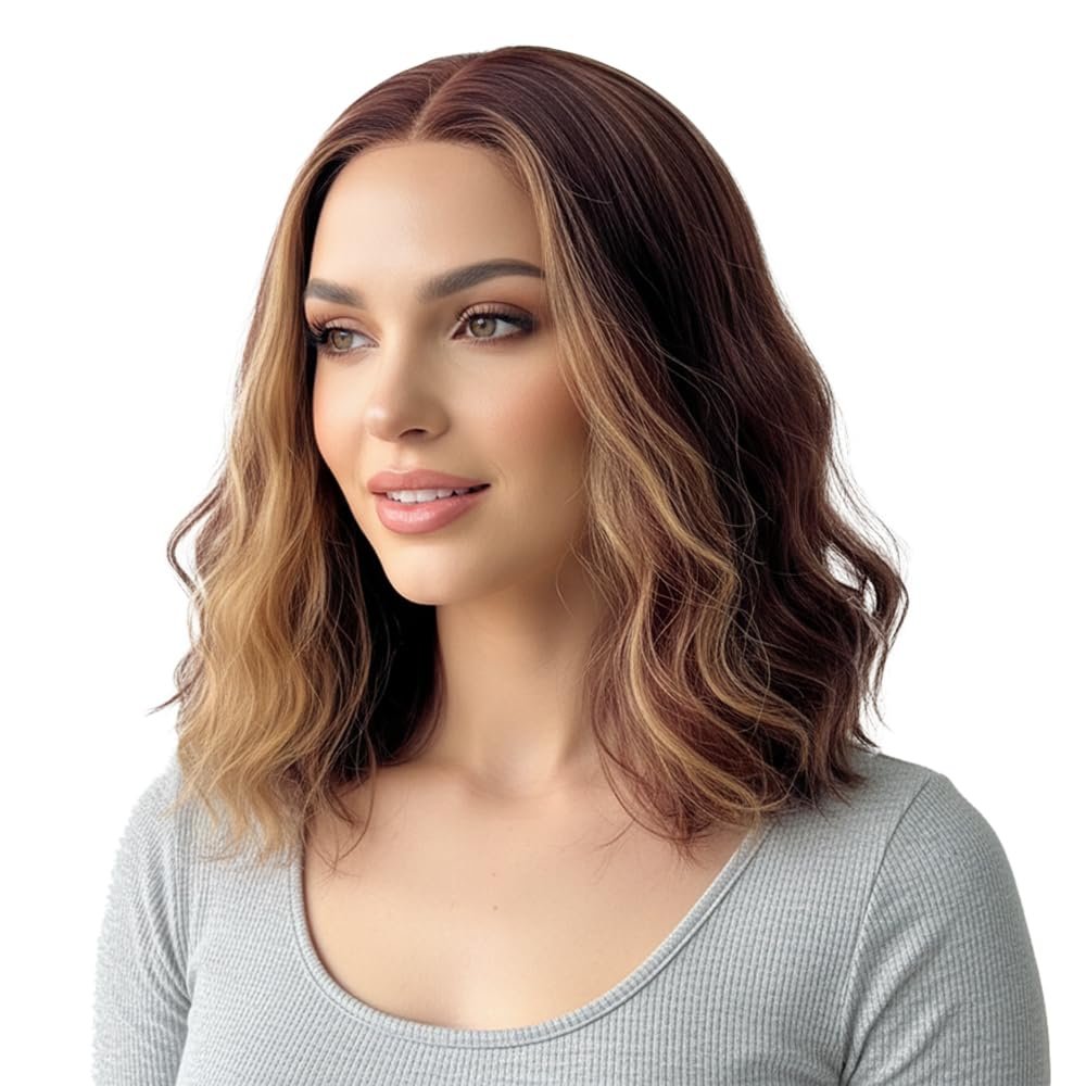 AFROLOCS Short Wavy Wig for Women,Heat Resistant Synthetic Bob with Lace Hairline, Glueless Natural Look for Daily Wear (Chestnut Highlight, Medium 14 Inch)