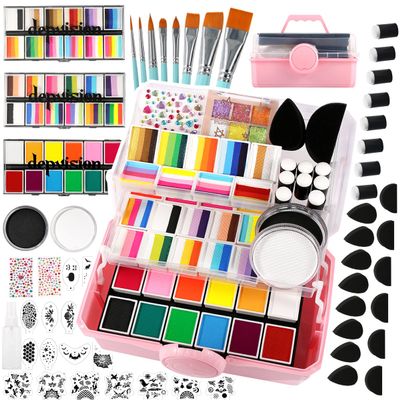 Professional Face Painting kit for Adult Face Painter110 Colors Split Cake Face Paint 96 pcs Set Non-Toxic Washable & Safe with Brushes Sponges Glitter Stencils for Halloween Makeup Kit