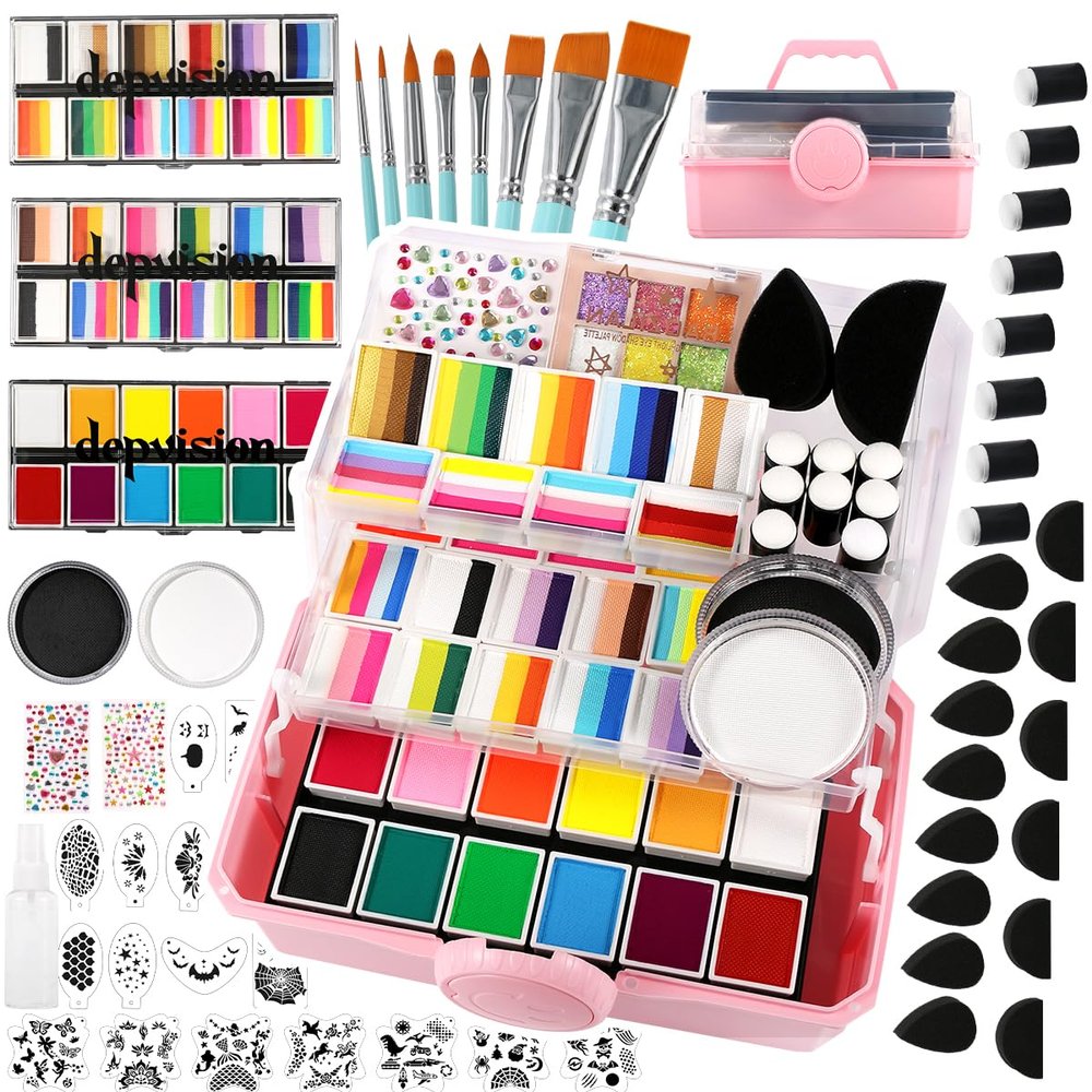 Professional Face Painting kit for Adult Face Painter110 Colors Split Cake Face Paint 96 pcs Set Non-Toxic Washable & Safe with Brushes Sponges Glitter Stencils for Halloween Makeup Kit