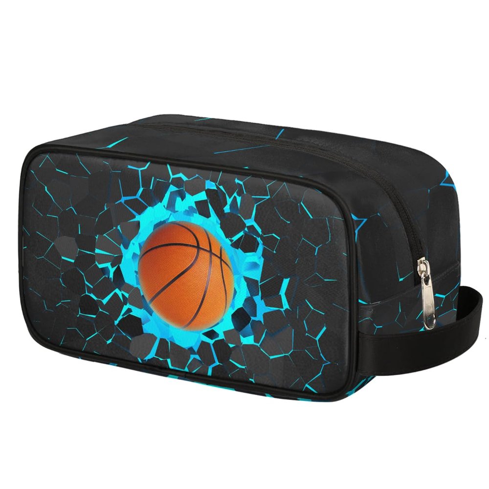 Ackutea Kids Travel Toiletry Bag - Blue 3D Basketball Waterproof Hanging Cosmetic Hygiene Bags for Boys Men - Large Shave Kit for Toiletries Accessories Bathroom Stuff
