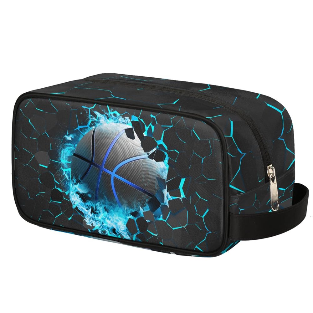 Ackutea Kids Travel Toiletry Bag - Blue Fire Basketball Waterproof Hanging Cosmetic Hygiene Bags for Boys Men - Large Shave Kit for Toiletries Accessories Bathroom Stuff