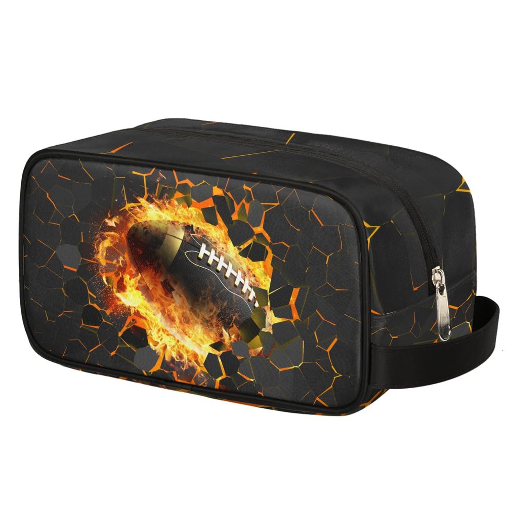 Ackutea Kids Travel Toiletry Bag - Yellow Fire Football Waterproof Hanging Cosmetic Hygiene Bags for Boys Men - Large Shave Kit for Toiletries Accessories Bathroom Stuff