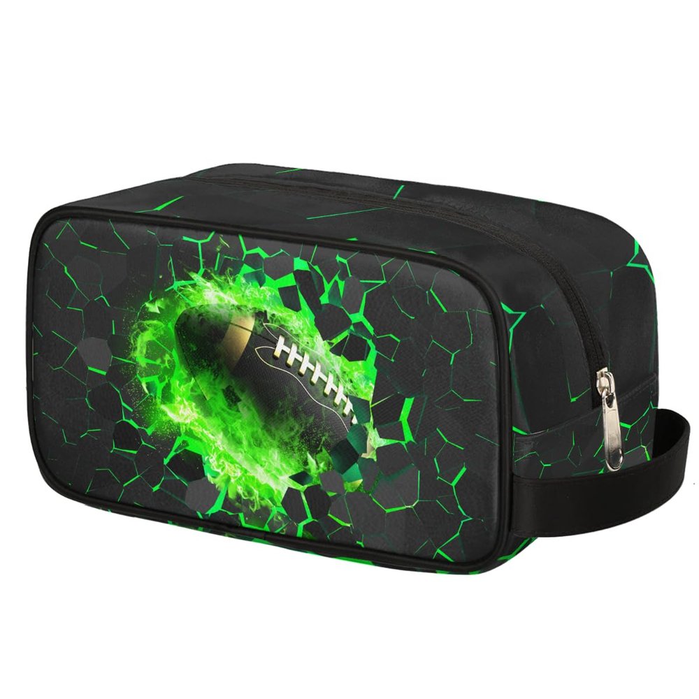 Ackutea Kids Travel Toiletry Bag - Green Fire Football Waterproof Hanging Cosmetic Hygiene Bags for Boys Men - Large Shave Kit for Toiletries Accessories Bathroom Stuff