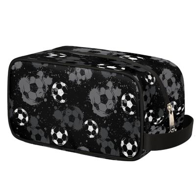Ackutea Kids Travel Toiletry Bag - Black White Soccer Ball Waterproof Hanging Cosmetic Hygiene Bags for Boys Men - Large Shave Kit for Toiletries Accessories Bathroom Stuff
