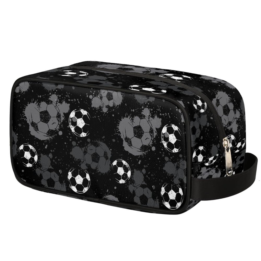 Ackutea Kids Travel Toiletry Bag - Black White Soccer Ball Waterproof Hanging Cosmetic Hygiene Bags for Boys Men - Large Shave Kit for Toiletries Accessories Bathroom Stuff