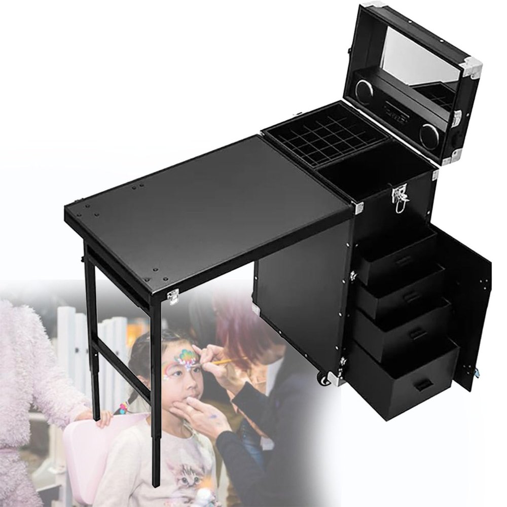 CKJJZY Aluminum Trolley Makeup Train Case,Portable Mobile Manicure Desk,Rolling Manicure Table,for Makeup Salon Travel Cosmetic Trolley Storage Organizer,Pink (Black)