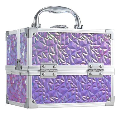 Costravio Makeup Box Organizer with Mirror, Makeup Case Train Case for Girls Women Kids Make up Box Makeup Case Organizer with Lock and Key Storage Vanity for Polishes Cosmetic Jewelry, Shiny Purple