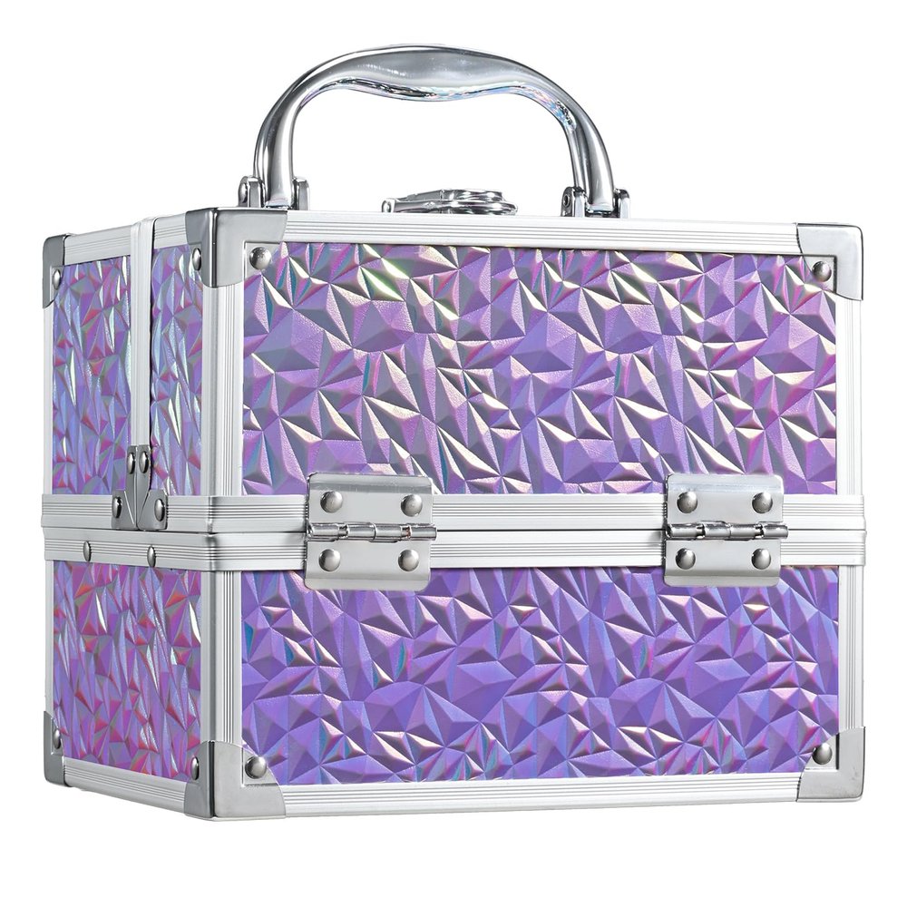 Costravio Makeup Box Organizer with Mirror, Makeup Case Train Case for Girls Women Kids Make up Box Makeup Case Organizer with Lock and Key Storage Vanity for Polishes Cosmetic Jewelry, Shiny Purple
