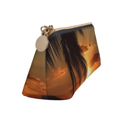 Leather Pencil Case Cute Zipper Pencil Pouch Aesthetic Pen Bag Sunset Palm Tree Ocean Cosmetic Makeup Bag for Men Women