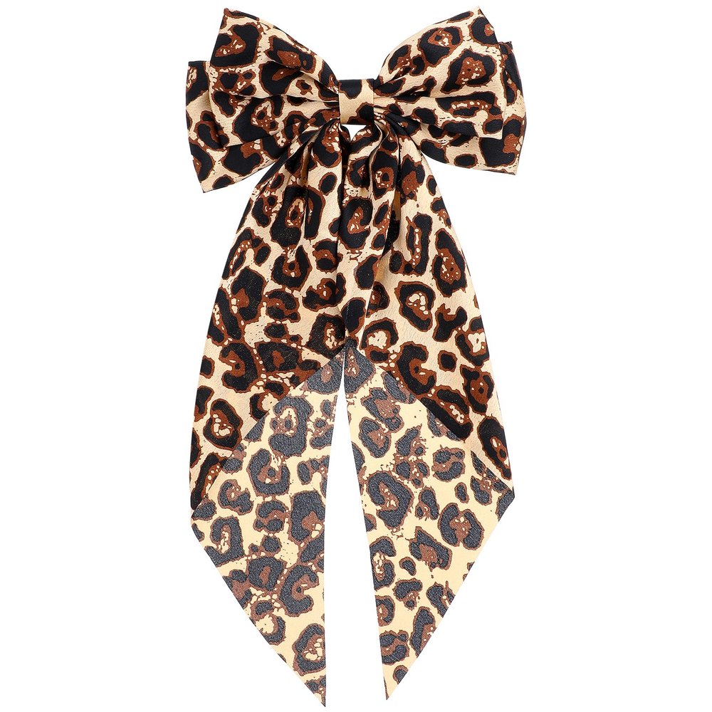 1 Pcs Leopard Print Bow Oversized Cheetah Print Bow with Long Tail Satin Ribbon Barrette for Women Ponytail Hair Accessories Big Yellow Leopard Furling Pompoms Hairs Bows Festival Gifts