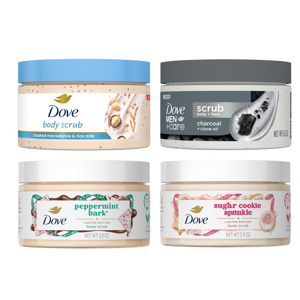 Dove Limited Edition Holiday Treats Exfoliating Mini Body Scrub 4 Pack for Deep Nourishment 3.5oz each