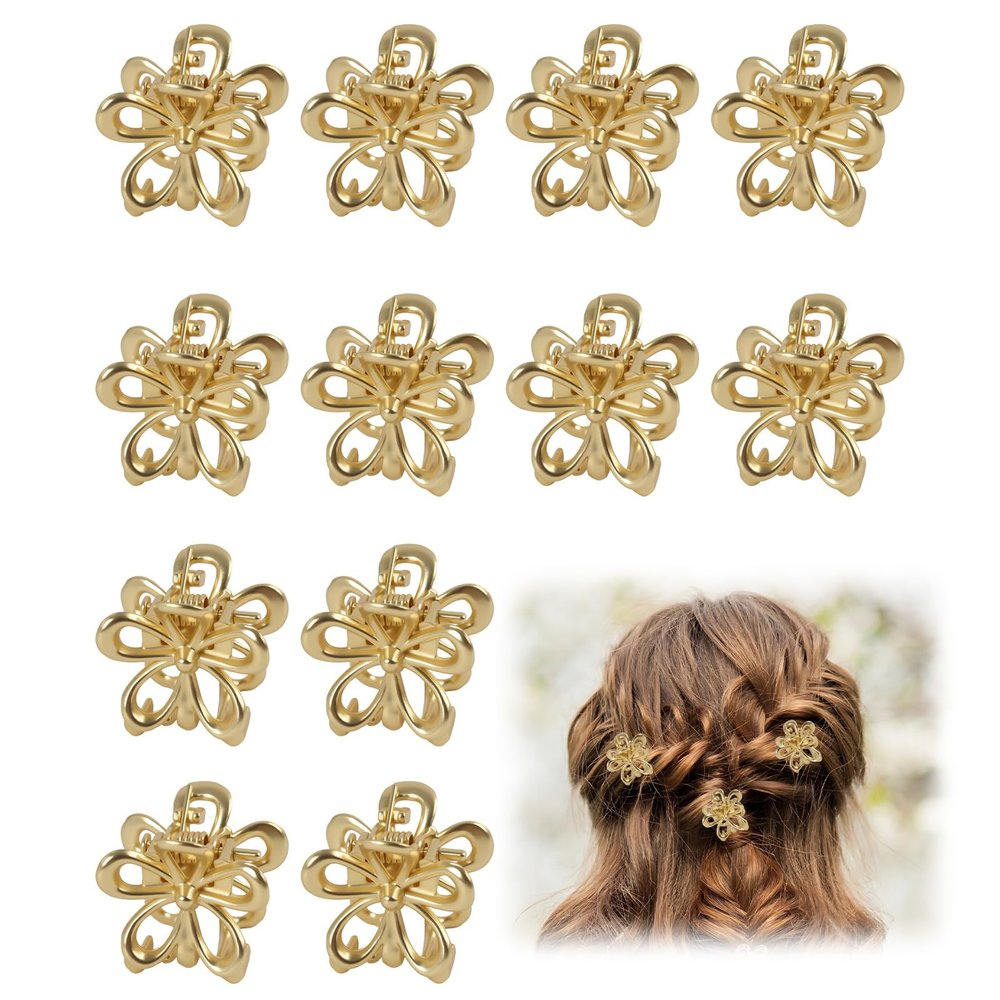 12PCS Mini Gold Flower Hair Clips, Small Flower Gold Hair Clips for Women Thin Thick Hair, 0.6" Mini Hair Clip Flowers Metal, Decorative Flowers for Girls and Women Gift