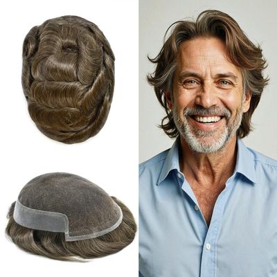 Hair Wonders Men Hair Systems Real Human Hair Swiss Lace Toupee Hairpiece for Men Replacement System Bleached Knot protesis capilar #510#5 Medium Light Brown+10% Grey 8X10 80% Light Density