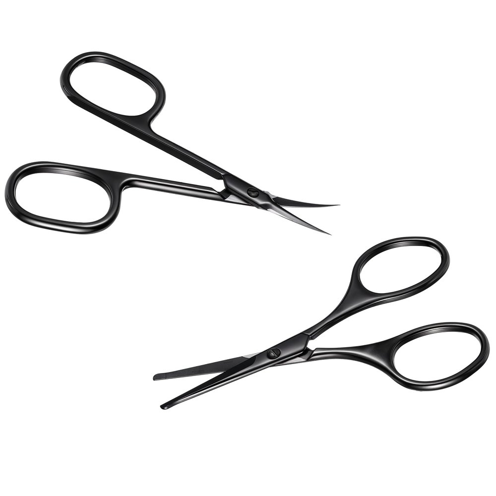 2PCS Facial Hair Small Grooming Scissors Set, Premium Curved and Rounded Nose Hair Scissors, Eyebrow, Nose Hair, Mustache, Beard, Eyelashes, Ear Trimming Kit, Black