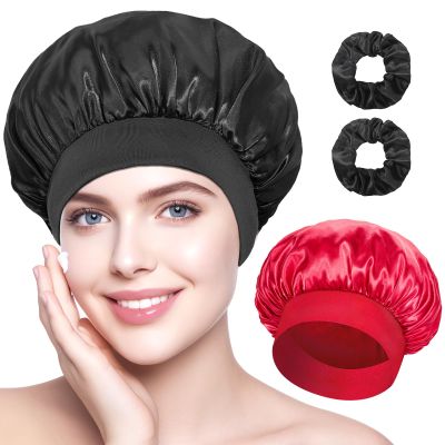 Q&J Fabric Co. Extra Large Satin Bonnet 2Pcs Hair Cap Single-layer Bonnet for Sleeping, Jumbo Silk Sleep Cap for Women Braids Curly Hair Locs (Black,Burgundy