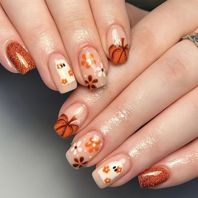 24Pcs Halloween Press on Nails Short Square Orange Glitter Fake Nails with Glue Pumpkin Flower Ghost Glue on Nails Reusable Full Cover Acrylic Nails for Women Autumn Nail Art Supplies