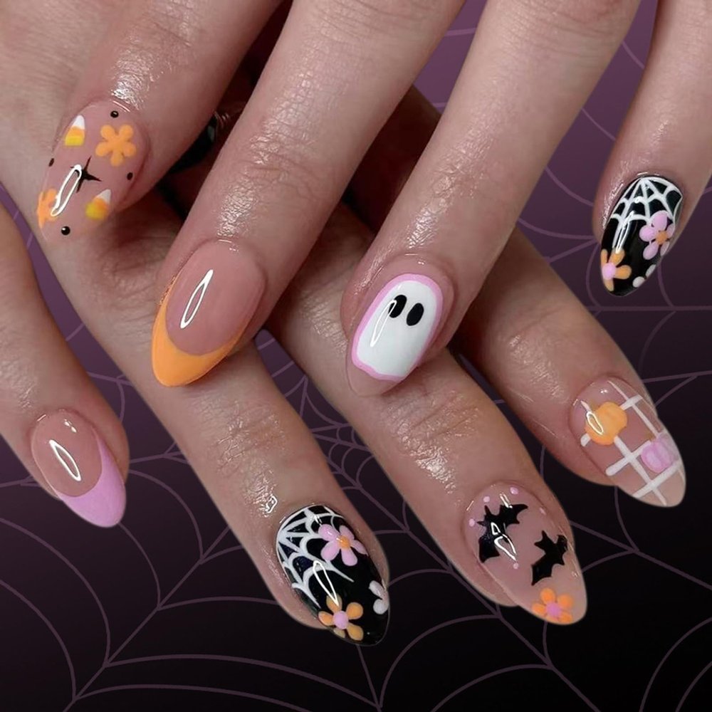 24Pcs Halloween Flower Fake Nails White Spider Web Press Nails Short Almond Type Cute Ghost Pattern Stick on Nails Full Cover Acrylic Nails for Women Holiday Atmosphere Nail Art Supplies