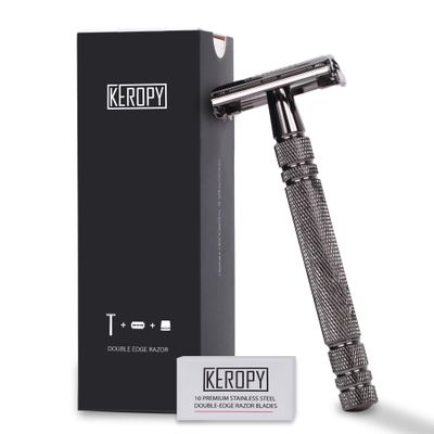 Double Edge Safety Razor for Men with 10 Blades, Butterfly Open Design for Close Shave - Eco-Friendly Metal Razor, Premium Gift for Dad, Husband - Modern Shaving Kit - Gloss Black