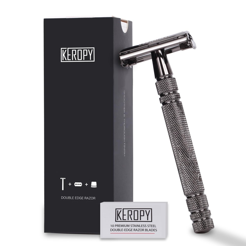 Double Edge Safety Razor for Men with 10 Blades, Butterfly Open Design for Close Shave - Eco-Friendly Metal Razor, Premium Gift for Dad, Husband - Modern Shaving Kit - Gloss Black