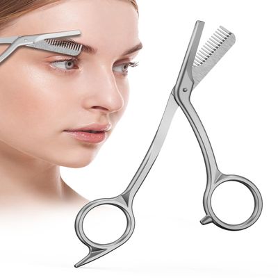 BALUCA Eyebrow Scissors with Comb | Professional Stainless Steel Eyebrow Trimmer for Women & Men | Dual-Design Precision Eye Brow Trimmer Scissors for Effortless Grooming, Silver (Silver)