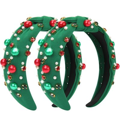 2 Pcs Christmas Headband for Women Pearl Knotted Headband Red Green Pearl Rhinestone Crystal Jeweled Hairbands Fashion Ladies Hair Band Hair Hoop Accessories Holiday Outfits Headpiece (Green)