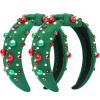 2 Pcs Christmas Headband for Women Pearl Knotted Headband Red Green Pearl Rhinestone Crystal Jeweled Hairbands Fashion Ladies Hair Band Hair Hoop Accessories Holiday Outfits Headpiece (Green) view 1