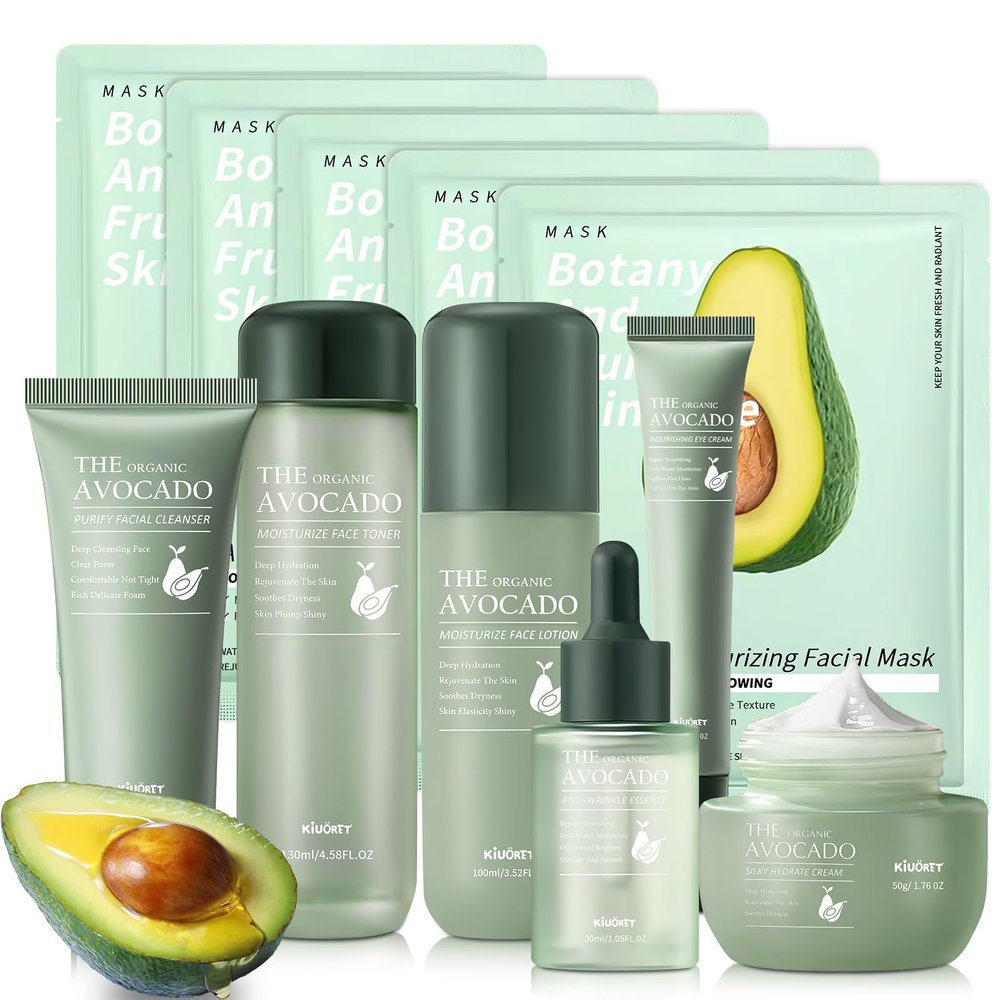 Avocado Skin Care Set - 11PCS Skincare Gift Set with Facial Cleanser, Toner, Serum, Eye Cream, Lotion, Face Cream and Moisturizing Facial Masks - Korean Skin Care Kit for All Skin Types