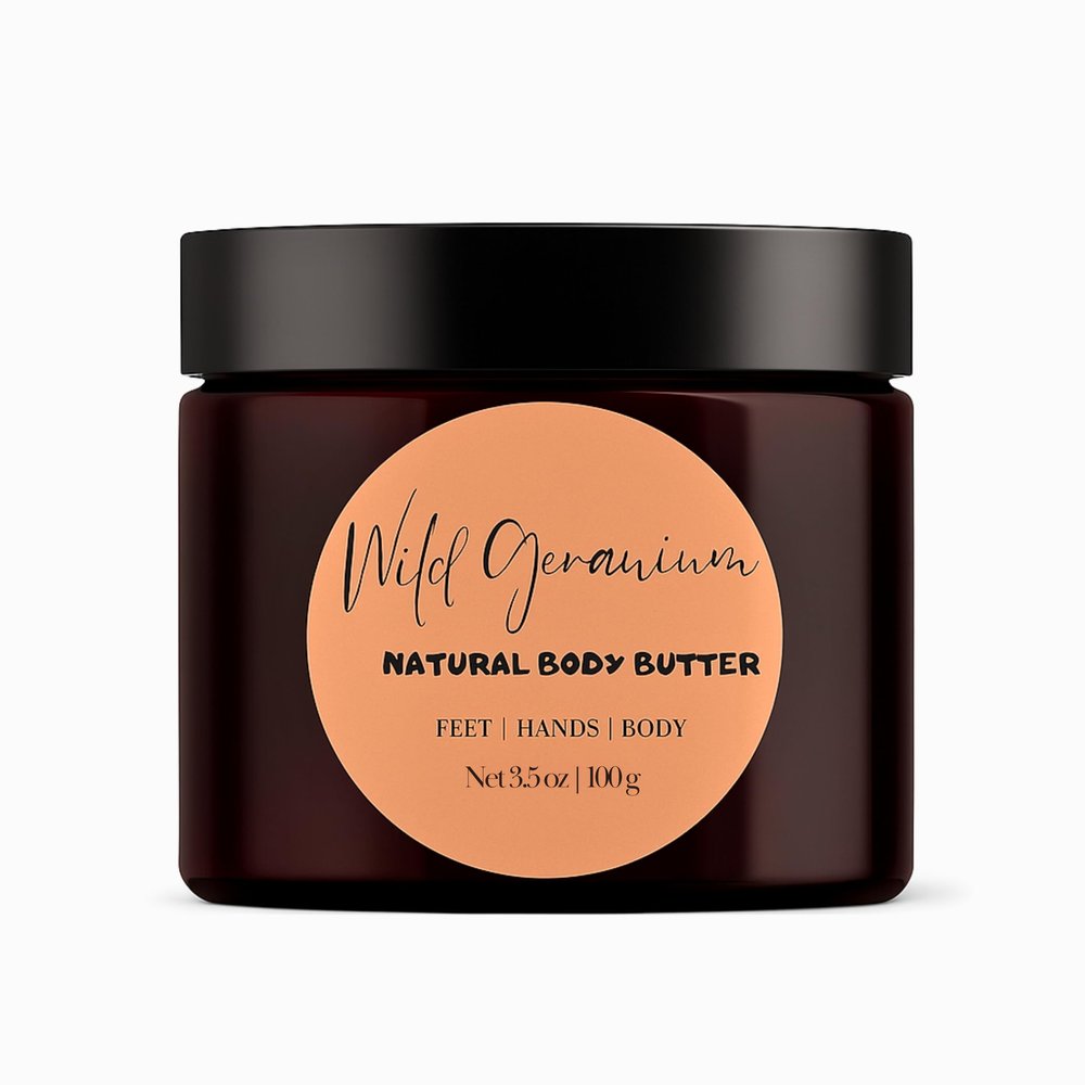 Earthly Atoms Natural Body Butter Cream, Handcrafted with Shea Butter, Cocoa Butter, Almond Oil, Rosehip Oil and Essential Oils for very Dry Skin (3.5 oz, Wild Geranium)
