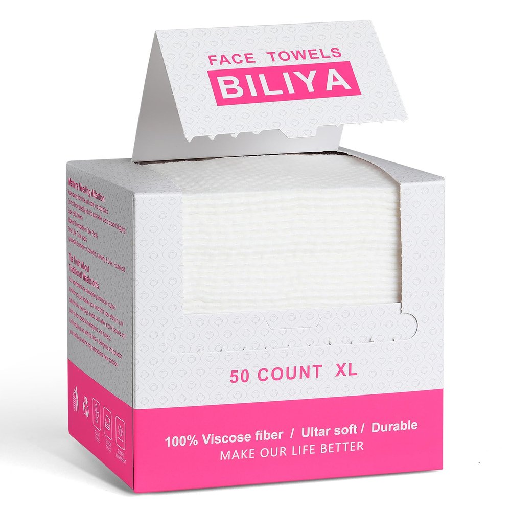 BILIYA Disposable Face Towels, Plant-Based Biodegradable Viscose, Lint-Free Dual Texture, Ultra Soft, For Sensitive Skin, 50 Count