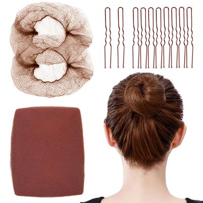 100Pcs Hair Net and Pin Set - 50Pcs 20" Invisible Mesh Hair Nets and 50Pcs U Shaped Bobby Pins for Dance, Food Service, Styling (Tan Brown)