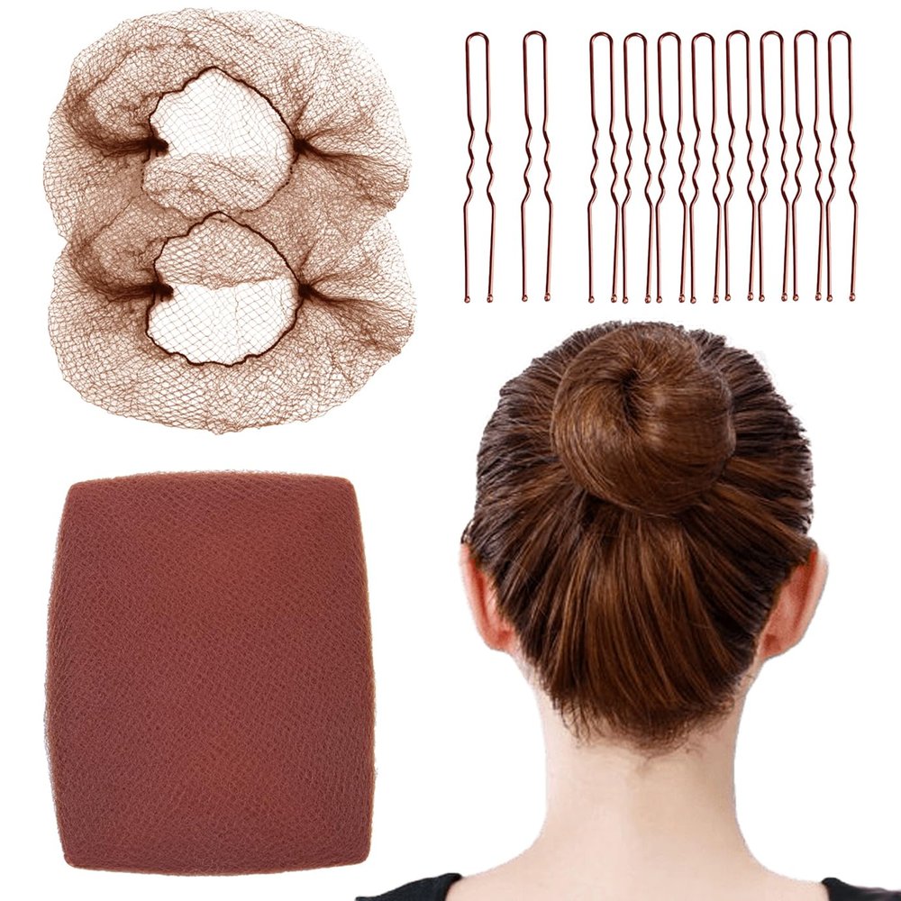 100Pcs Hair Net and Pin Set - 50Pcs 20" Invisible Mesh Hair Nets and 50Pcs U Shaped Bobby Pins for Dance, Food Service, Styling (Tan Brown)
