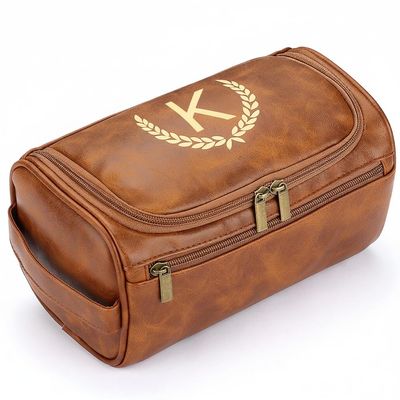 OXYEFEI Personalized Toiletry Bag for Men,Personalized Gifts for Men,Engraved Initial PU Leather Mens Toiletry Travel Shaving Travel Essentials Toiletries Bag for Him Birthday (K, Light Brown)