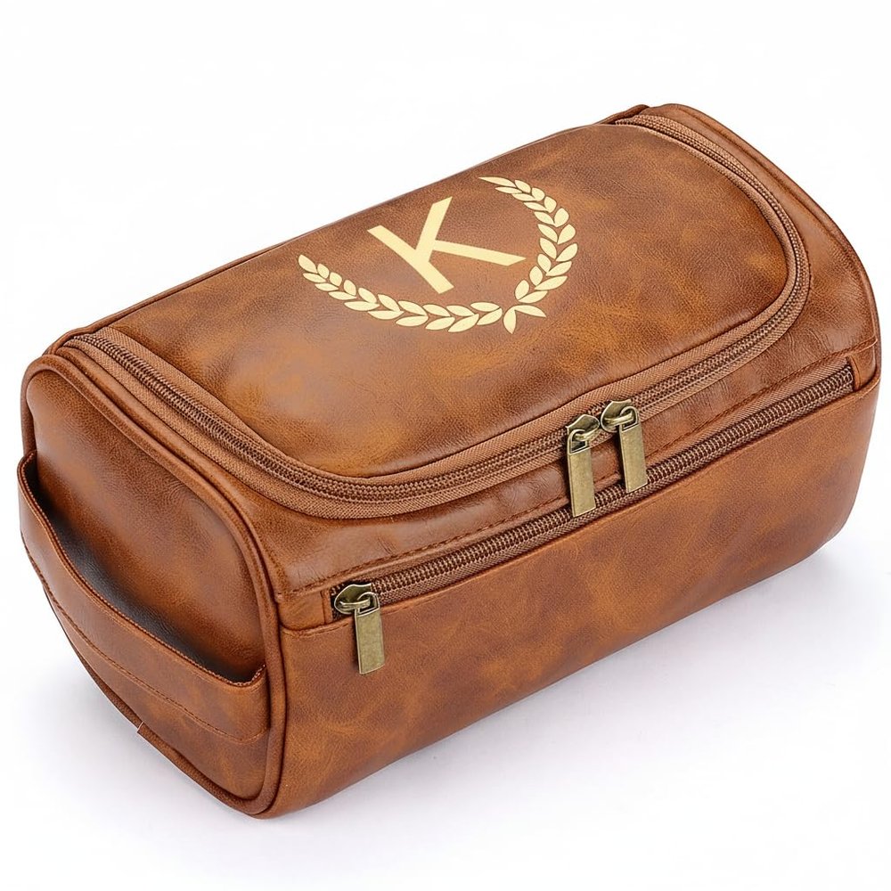 OXYEFEI Personalized Toiletry Bag for Men,Personalized Gifts for Men,Engraved Initial PU Leather Mens Toiletry Travel Shaving Travel Essentials Toiletries Bag for Him Birthday (K, Light Brown)