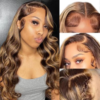 13x6 Honey Blonde Body Wave Lace Front Wigs Human Hair Pre Plucked 200% Density 4/27 Ombre Frontal Wigs HD Lace Front Wig Glueless Highlight Wigs for Black Women Human Hair Bleached Knots 22 inch
