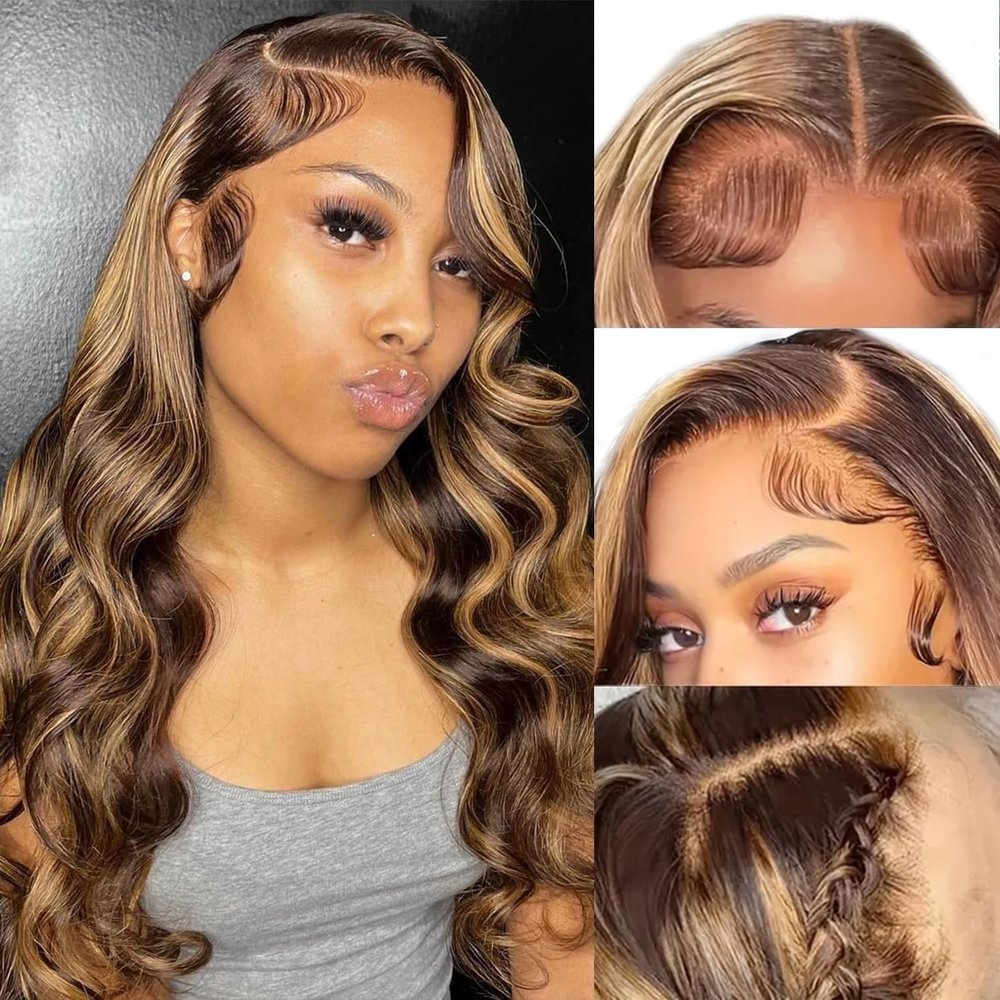 13x6 Honey Blonde Body Wave Lace Front Wigs Human Hair Pre Plucked 200% Density 4/27 Ombre Frontal Wigs HD Lace Front Wig Glueless Highlight Wigs for Black Women Human Hair Bleached Knots 22 inch