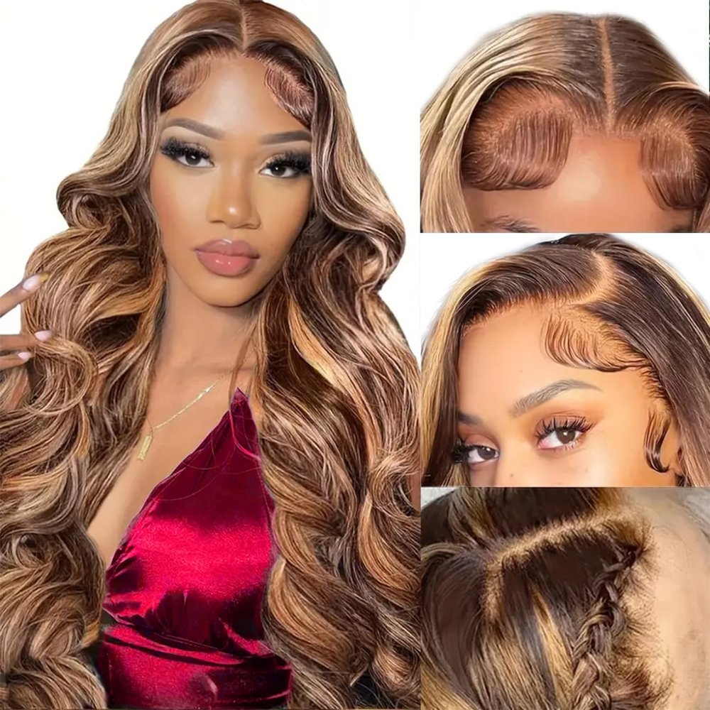 13x6 Honey Blonde Body Wave Lace Front Wigs Human Hair Pre Plucked 200% Density 4/27 Ombre Frontal Wigs HD Lace Front Wig Glueless Highlight Wigs for Black Women Human Hair Bleached Knots 28 inch