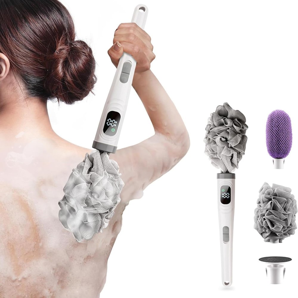 Electric Body Brush Back Scrubber for Shower, Electric Body Brush with Long Handle, Waterproof Rechargeable Bath Brush Body Scrubber with 3 Brush Heads for Cleansing and Exfoliating Skin (Milky White