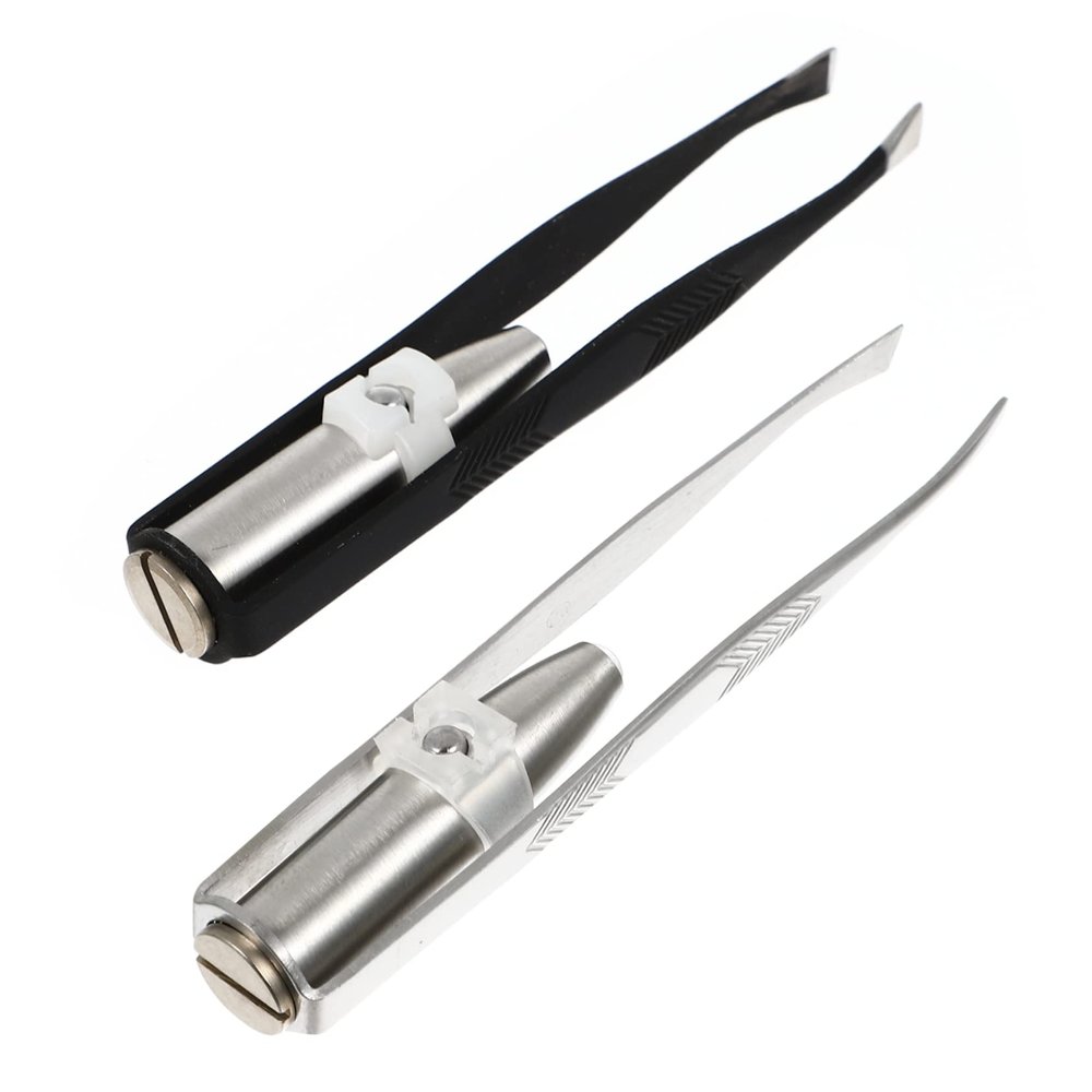 BAZEITFLOW 2pcs Stainless Steel Eyebrow Pliers with LED Light Tweezers for Precise Facial Hair Removal Portable Beauty Tool for Men and Women