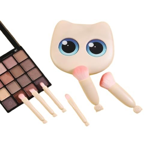 6Pcs Mini Makeup Brush Set, Cartoon Kitten Travel Complete Function Cosmetic Brushes Kit With Mirror