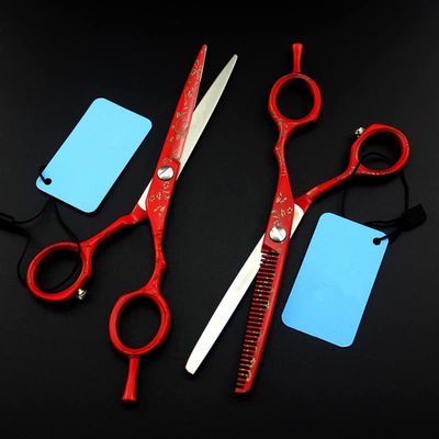 6 Inch Japan 440C Red Hair Scissors Set - Professional Barber Thinning Shears