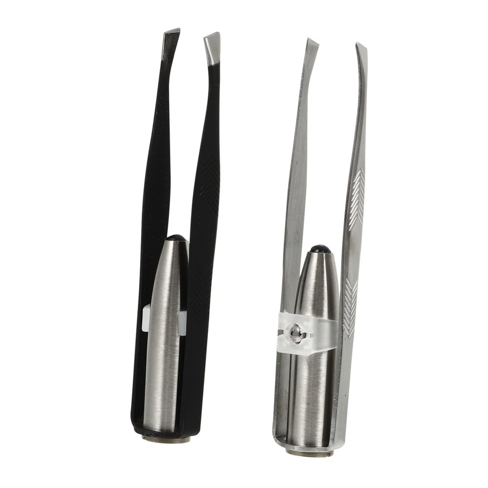 DINHEAROM 2pcs Stainless Steel Eyebrow Clips with LED Handle Eyebrow Trimmers for Precise Hair Removal and Grooming Portable Beauty Tools for Men and Women