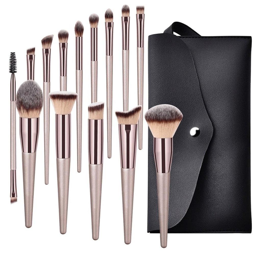 14 Champagne Gold Wood Handle Makeup Brush Beauty Tools Foundation Make Up Eye Shadow Brush Set