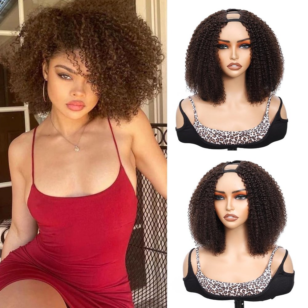 MPS U Part Wigs Kinky Curly Human Hair Wigs for Black Women Afro Curly Human Hair 180% Density 12 Inch Full Head Clip in U Part Wig Human Hair Pre Plucked U Shape Wigs (Dark brown)