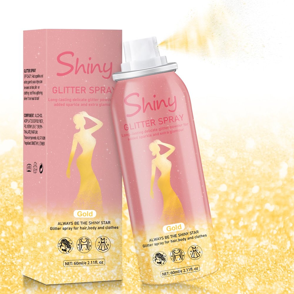 Hair and Body Glitter Spray, Holographic Glitter Highlighter Powder, Hairspray for Clothes, Face Body Shiny Glitter, Loose Shimmer Hairspray Festival Rave Prom Accessories, 2.11 Fl Oz(Gold)