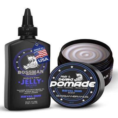 Bossman Hair & Beard Pomade + Jelly Beard Oil for Men (8 oz in Total, Royal Oud Scent)  Moisturizing, Softening & Conditioning Beard Grooming Products