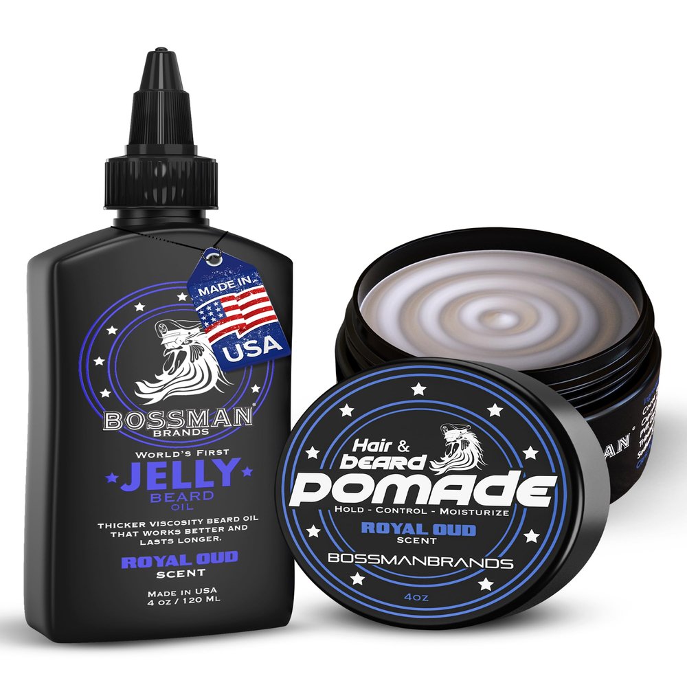 Bossman Hair & Beard Pomade + Jelly Beard Oil for Men (8 oz in Total, Royal Oud Scent)  Moisturizing, Softening & Conditioning Beard Grooming Products