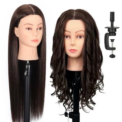 22" MQHIHI Mannequin Head Human Hair Cosmetology Manikin Doll Head with 80% Real Hair for Hairdresser Practice Cutting Braiding Hair Styling with Clamp Holder and Tools (Dark Brown)