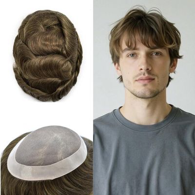 Toupee for men Human Hair Replacement System Fine Mono Mens Toupee Hairpieces Durable Monofilament NPU Hair Piece Wigs 7"X10" 5#MEDIUM LIGHT BROWN