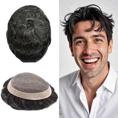 Mens Hair System Fine Mono Men Hairpieces Human Hair Replacement System Monofilament with Durable NPU Toupee for Men 5"X7" #1B20 1B# OFF BLACK WITH 20% SYNTHETIC GREY