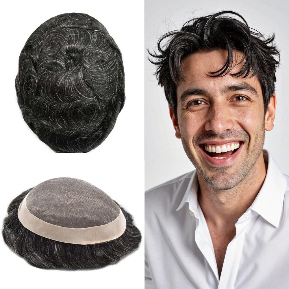 Mens Hair System Fine Mono Men Hairpieces Human Hair Replacement System Monofilament with Durable NPU Toupee for Men 5"X7" #1B20 1B# OFF BLACK WITH 20% SYNTHETIC GREY